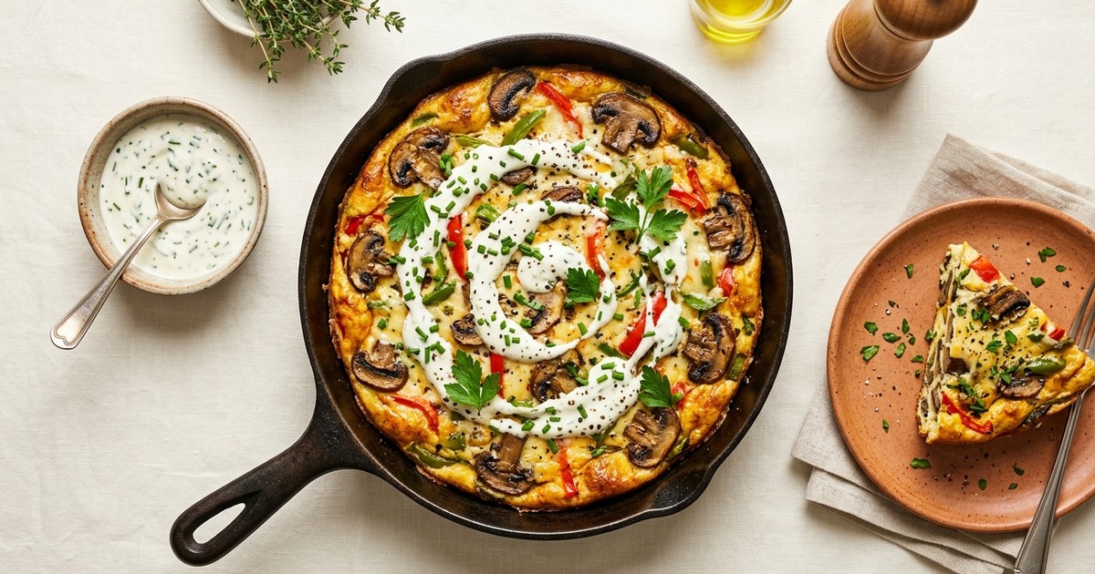 One-Skillet Smoky Mushroom & Pepper Jack Frittata with Chive Cream