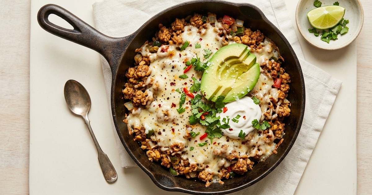 One-Skillet Tempeh Picadillo with Avocado & Melted Pepper Jack