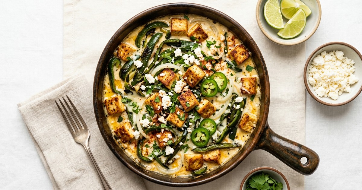One-Skillet Tofu Rajas con Crema with Cotija & Lime
