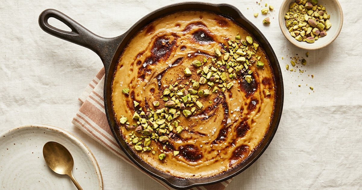 One-Skillet Turkish Caramel Egg Custard with Tahini & Pistachios