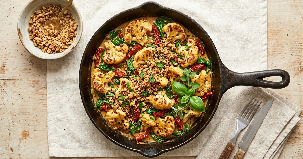 One-Skillet Tuscan Cauliflower with Crispy Walnut-Hemp Parmigiano