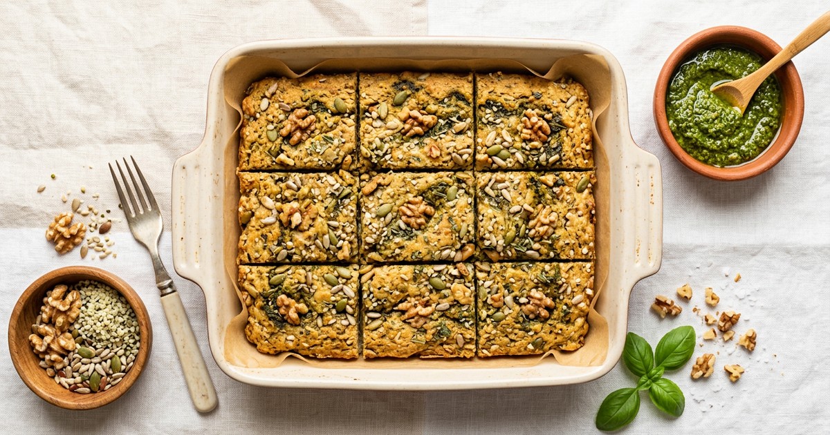 Savory Italian Seed & Walnut Breakfast Bars with Basil Pesto