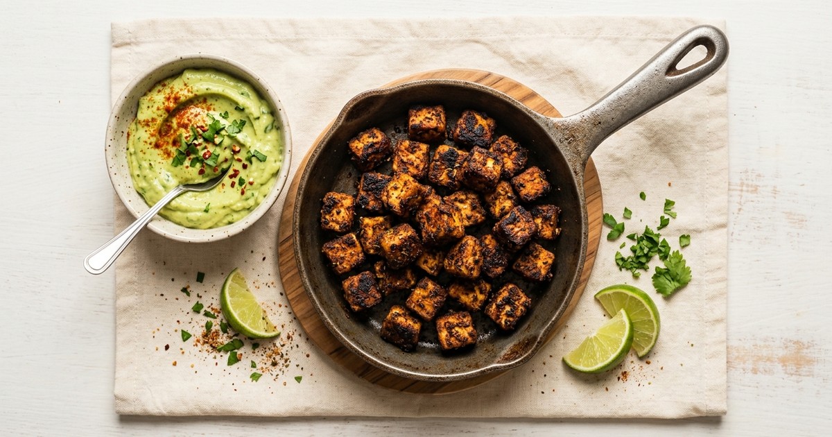 Skillet Blackened Popcorn Tofu with Cajun Avocado Dip