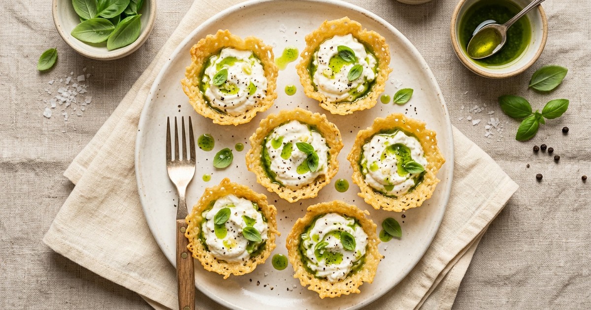 Skillet Crispy Parmesan Cups with Whipped Ricotta & Basil Oil