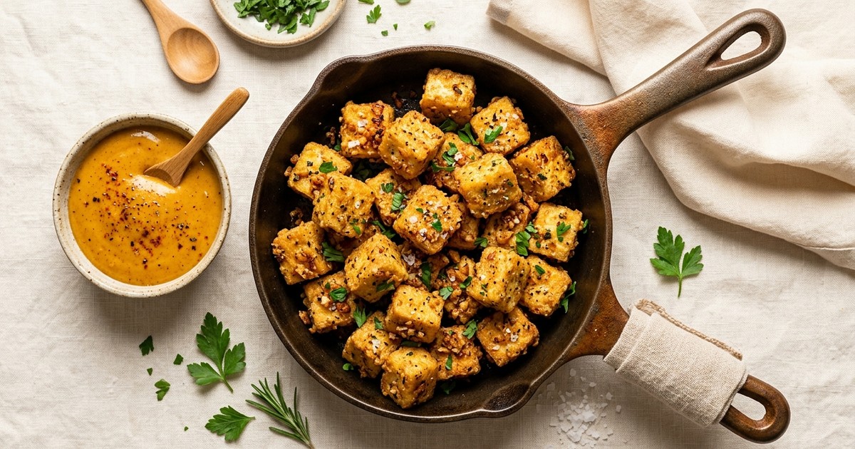 Skillet Crispy Tofu Nuggets with Smoky Honey Mustard Dip