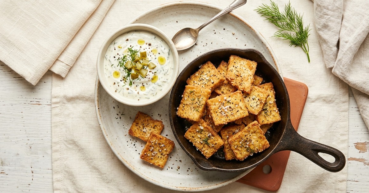 Skillet Salt & Vinegar Tofu Chips with Creamy Dill Pickle Dip