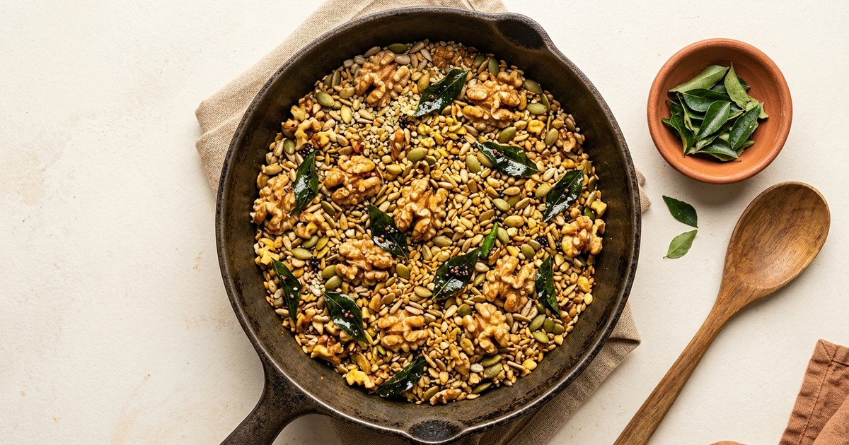 Skillet Tadka Walnut & Seed Chivda with Crispy Curry Leaves