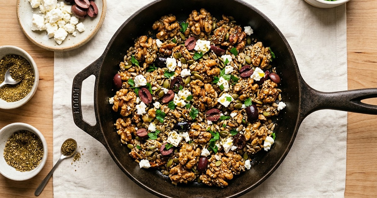 Skillet Za'atar Walnut-Seed Clusters with Feta & Olives