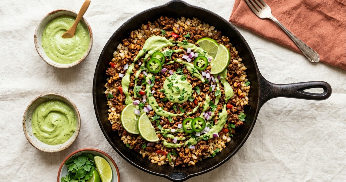 Smoky Mexican Walnut & Hemp Taco Skillet with Avocado Crema
