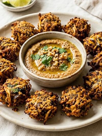 Air Fryer Almond-Chia Onion Bhaji Bites with Toasted Walnut Chutney