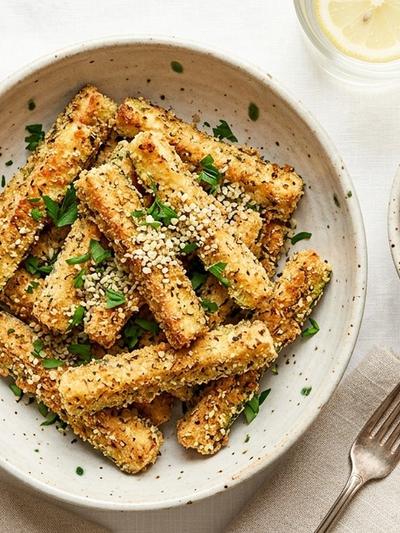 Air Fryer Almond-Hemp Zucchini Fries with Walnut Pomodoro Dip