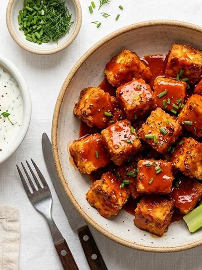 Air Fryer Buffalo Paneer Bites with Cool Ranch Dip
