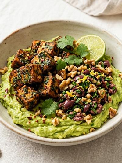 Air Fryer Chermoula Tofu Bowls with Olive-Walnut Crush