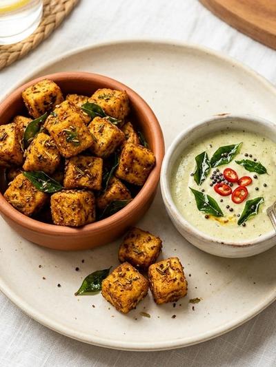 Air Fryer Chettinad Tofu Bites with Coconut-Curry Leaf Dip