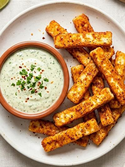Air Fryer Chipotle Halloumi Fries with Cilantro-Lime Crema