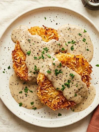 Air Fryer Coconut Country-Fried Cauliflower Cutlets with Black Pepper Gravy