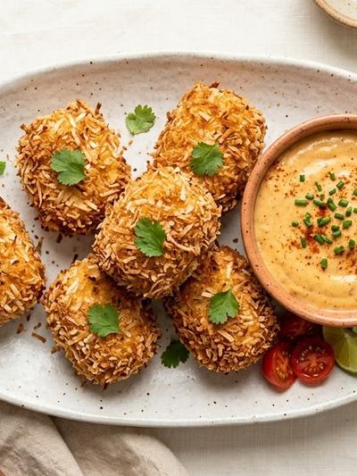 Air Fryer Coconut-Crusted Egg Croquettes with Smoky Cheddar Dip