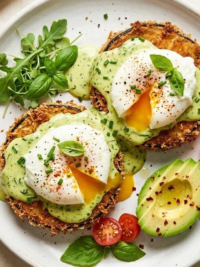 Air Fryer Coconut-Crusted Eggplant Benedict with Basil Hollandaise