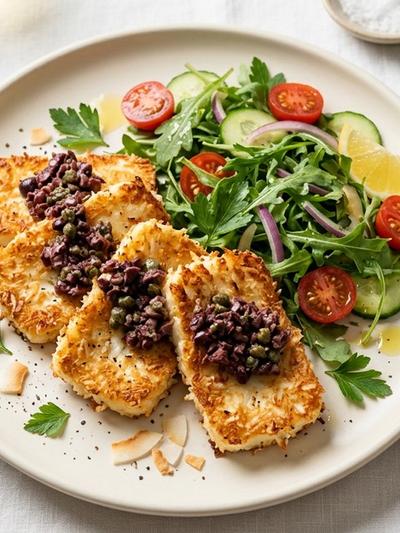 Air Fryer Coconut-Crusted Halloumi with Kalamata Olive Tapenade