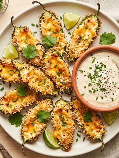 Air Fryer Coconut-Crusted Jalapeño Poppers with Cheddar Ranch Dip