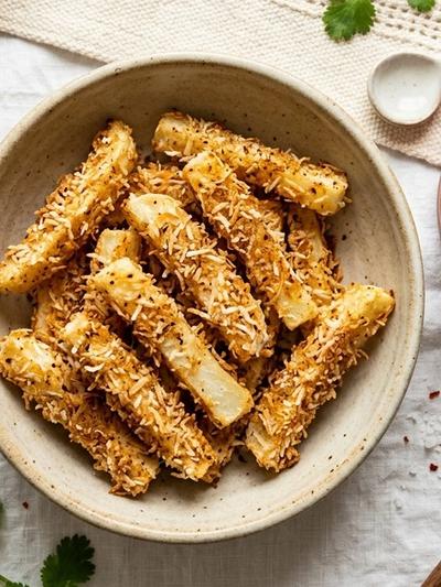 Air Fryer Coconut-Crusted Jicama Fries with Guajillo Avocado Dip