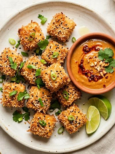 Air Fryer Coconut-Crusted Tofu Bites with Spicy Peanut Sauce
