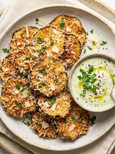 Air Fryer Coconut-Parmesan Eggplant Crisps with Creamy Basil Dip