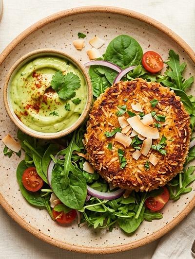 Air Fryer Coconut Tofu Burger Patties with Avocado Secret Sauce
