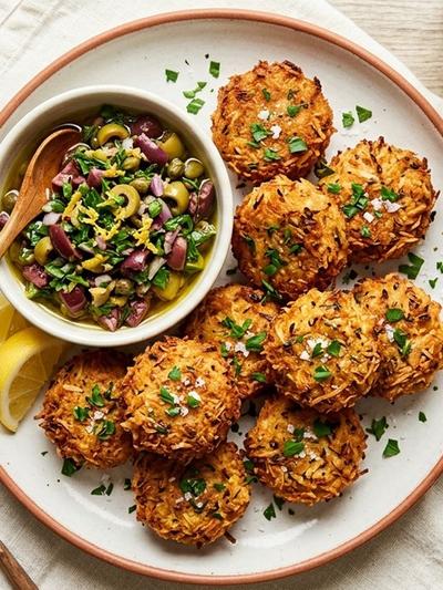 Air Fryer Coconut Tofu Keftedes with Lemon-Olive Relish
