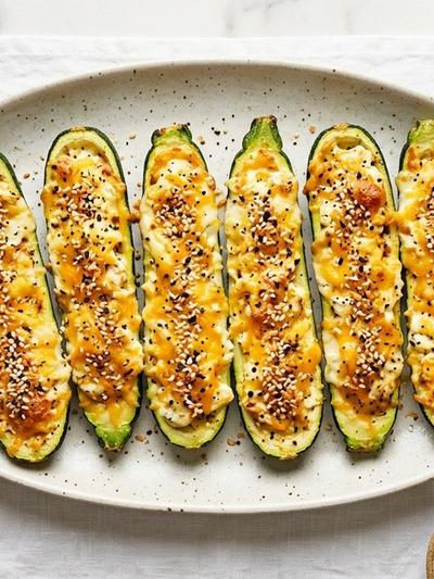 Air Fryer Cream Cheese Zucchini Boats with Everything Bagel Crunch