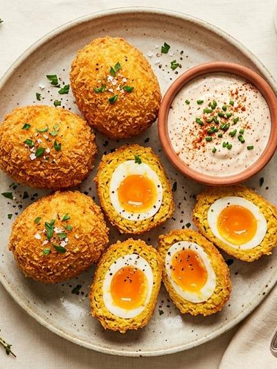 Air Fryer Crispy Cheddar Scotch Eggs with Smoky Ranch Dip