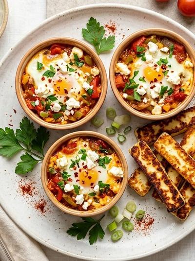 Air Fryer Feta Menemen Cups with Crispy Halloumi Soldiers