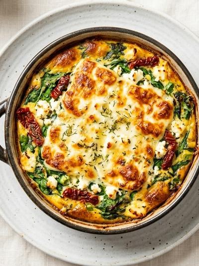 Air Fryer Greek Egg Bake with Golden Halloumi Crust & Olive Relish