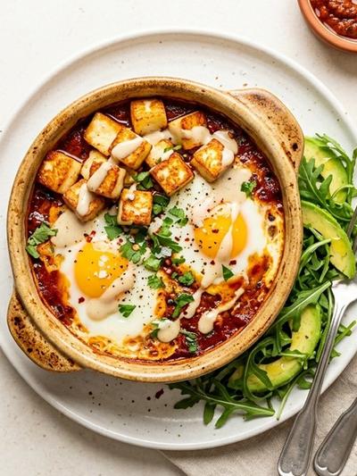 Air Fryer Harissa Baked Eggs with Crispy Halloumi & Lemon Tahini