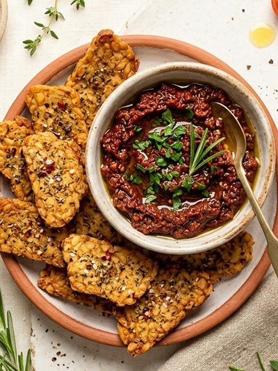 Air Fryer Italian Herb Tempeh Crisps with Sun-Dried Tomato Tapenade