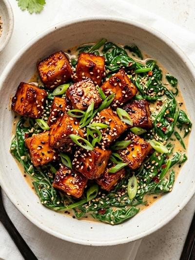 Air Fryer Korean Gochujang Tofu with Creamy Sesame Spinach