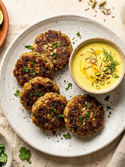 Air Fryer Lucknowi Walnut-Chia Galouti Kebabs with Saffron Coconut Cream