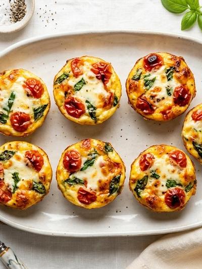 Air Fryer Margherita Egg Bites with Burst Tomatoes & Basil