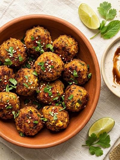Air Fryer Masala Egg & Paneer Kofta Bites with Tamarind Yogurt