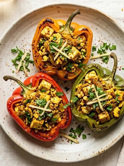 Air Fryer Masala Egg & Paneer Stuffed Peppers with Green Chutney