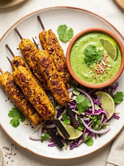 Air Fryer Masala Tofu Seekh Kebabs with Coconut-Cilantro Chutney