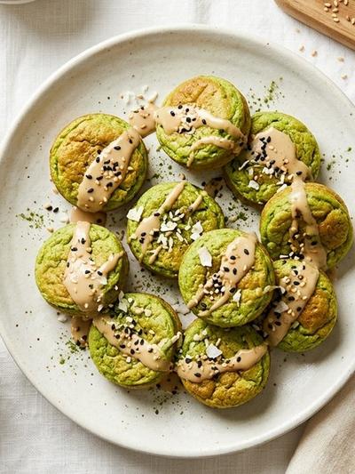Air Fryer Matcha Coconut Pancake Bites with Sesame Cream