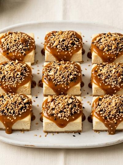 Air Fryer Miso-Caramel Cheesecake Bites with Toasted Sesame Crumble