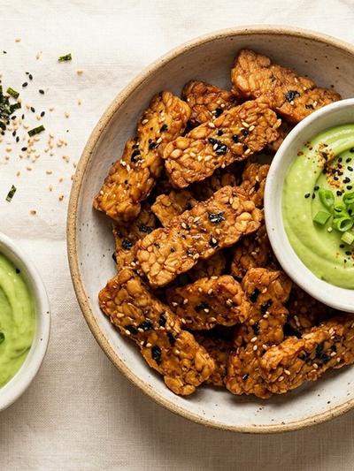 Air Fryer Miso-Nori Tempeh Chips with Wasabi-Avocado Cream