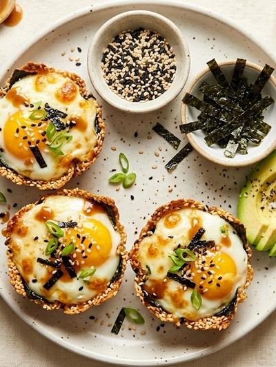 Air Fryer Miso-Sesame Mozzarella Egg Cups with Crispy Nori