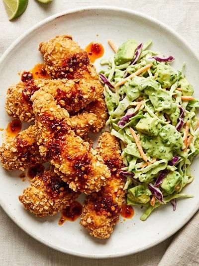 Air Fryer Nashville Hot Tofu Tenders with Cool Avocado Slaw