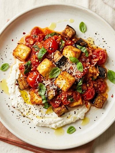 Air Fryer Paneer alla Norma with Crispy Eggplant & Whipped Ricotta