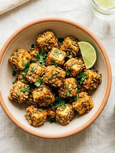 Air Fryer Pepita-Crusted Paneer Bites with Smoky Avocado Dip