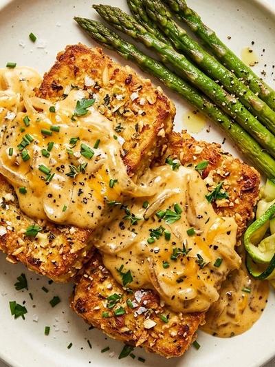 Air Fryer Smothered Tofu Steaks with Cheddar-Onion Cream Gravy