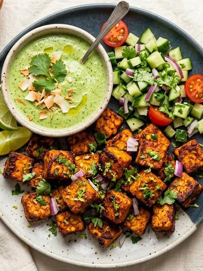 Air Fryer Tandoori Tempeh Bites with Cilantro-Coconut Chutney